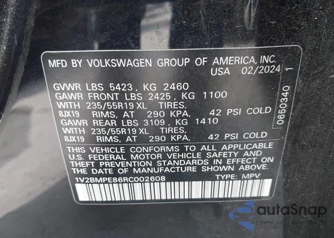 2024 Volkswagen Id.4 Standard из США, поврежденный, VIN 1V2BMPE86RC002608